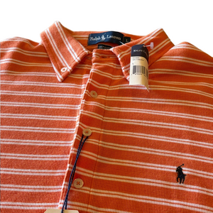 Ralph Lauren Mens Large Orange Stripe Big Mesh Golf Polo Shirt. NWT